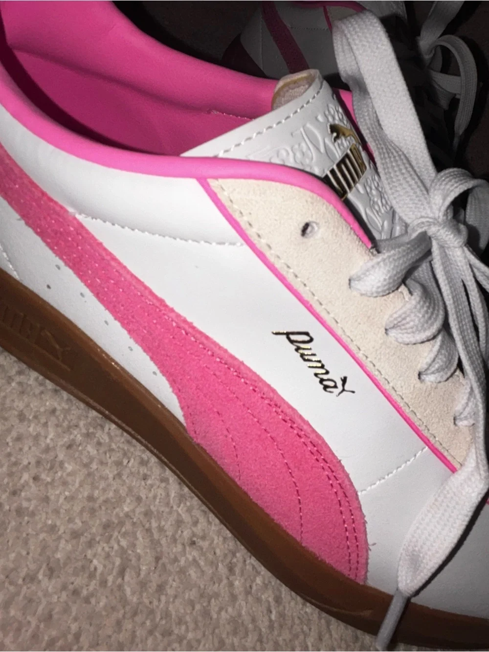 Puma White and Pink Low-Top Athletic Sneakers with Brown Gum Sole